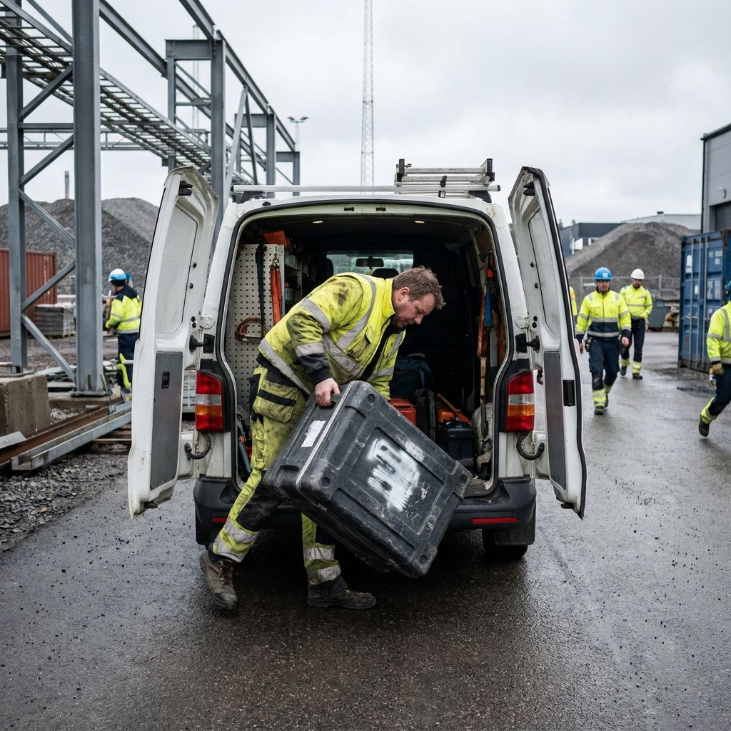 Tekniker ved en servicevogn læsser en kompakt testboks ind i bagagerummet; naturligt nordisk lys, ingen læsbar tekst.