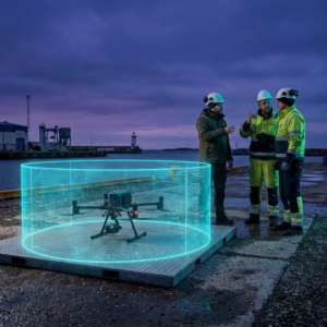 En teknisk leder ser beslutsomt på en pause‑låst robotarm i en nordisk testhal, dybe indigo‑skygger og cyan‑signalglimt antyder data og sikkerhed.