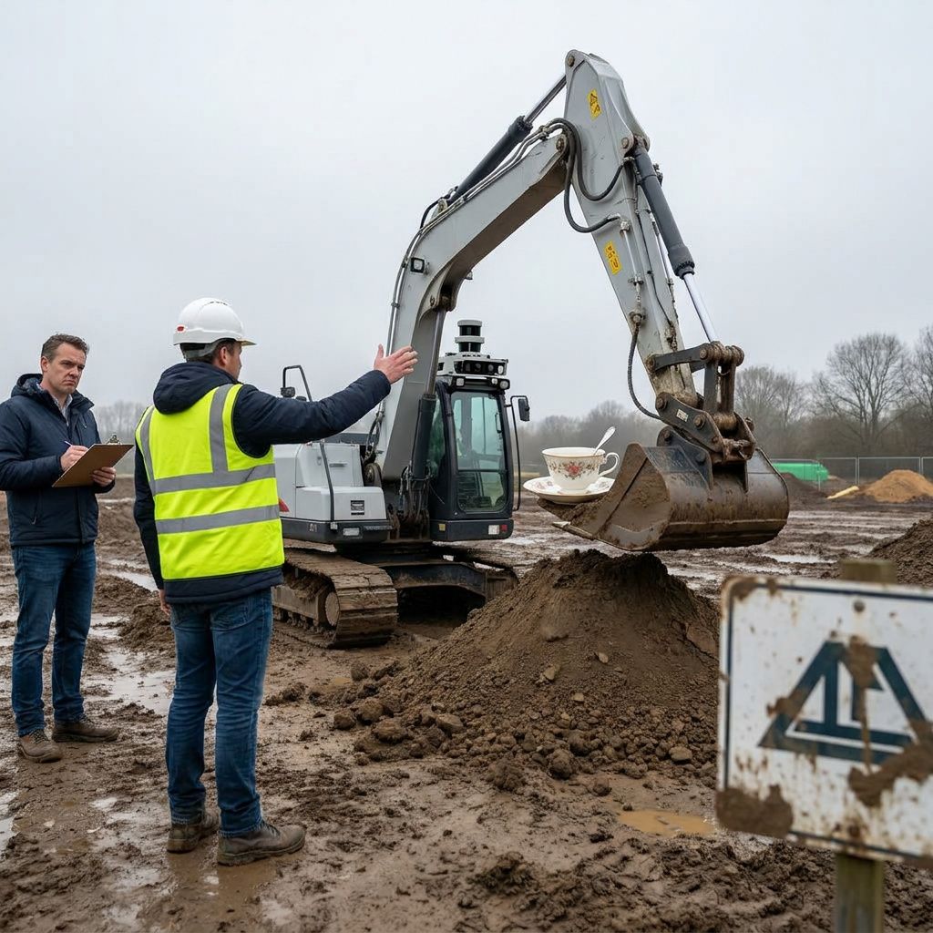 Feltbillede: en tekniker i slidte arbejdstøj bukker sig og monterer en gennemsigtig sikkerhedsring omkring en lille inspektionsdrone på en betonlandingsplads ved en nordisk kyst. Baggrund: hav, lavthængende skyer, indigo‑tonet himmel; kamera: 35 mm, halvtotal, naturligt sidelys med cyan refleks i sikkerhedsringen.