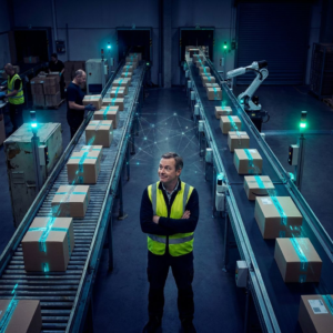 Nordisk SME‑leder står ved en lille lagerkøl, hvor pakker fordeler sig i to ruter — én manuel, én automatiseret — med dyb lilla/indigo belysning og cyan/green pulserende accenter.