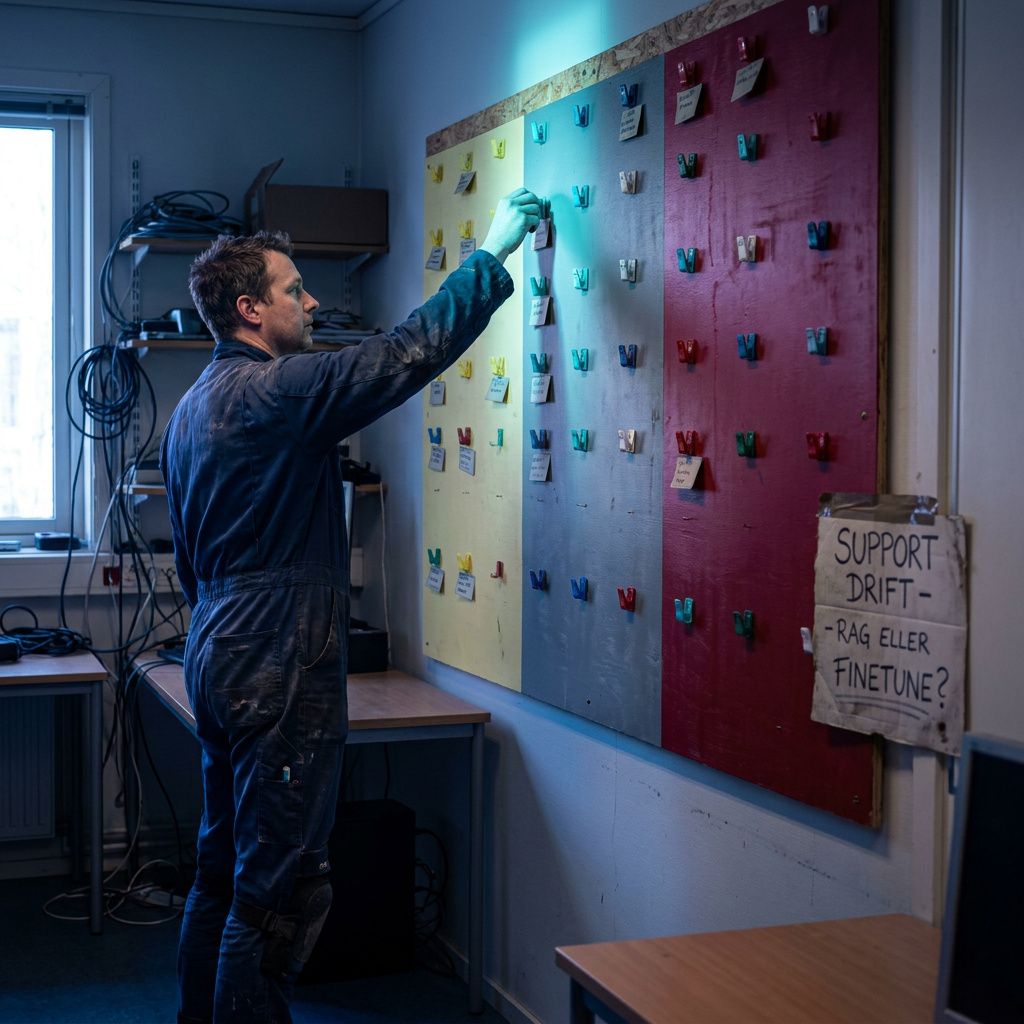 En tekniker markerer i et fysisk workflow‑tavle med farvede klammer; kamera fra side, fokus på bevægelsen og tavlens kolonner uden læsbar tekst.
