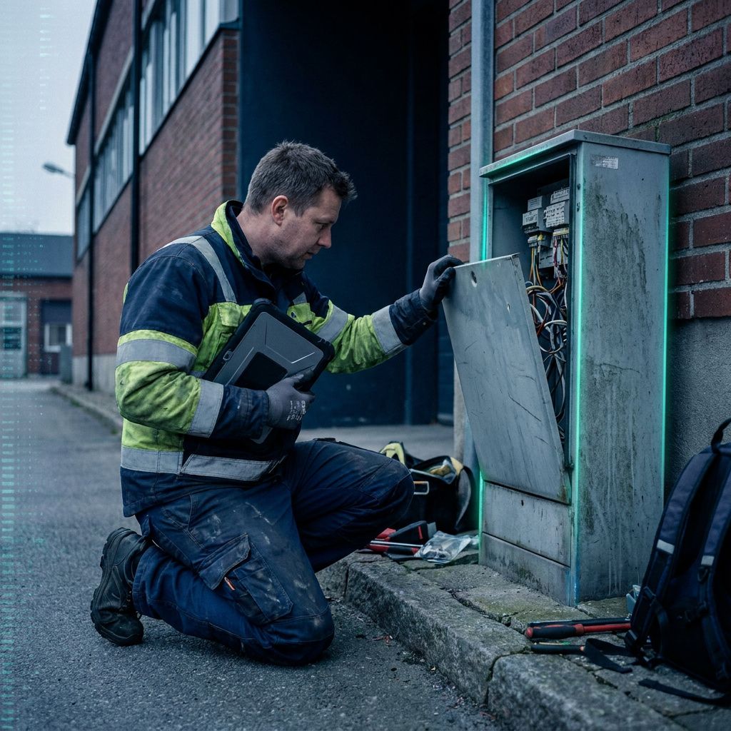 En tekniker i arbejde ved en installationsplads: han justerer en vægmonteret gateway-enhed mens en kollega noterer i en logbog (ingen læsbar tekst). Nordisk dagslys, dokumentarisk stil.