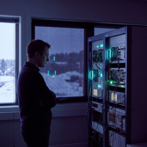 En teknisk leder holder pause foran testudstyr i et nordisk testrum med indigo skær og cyan pulser, som symboliserer valget mellem lokal, iterativ træning og klassisk backprop.