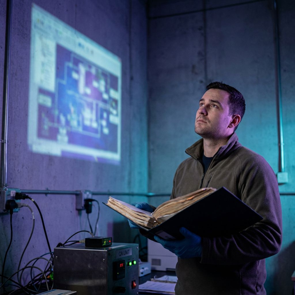 Et laboratorium, en forsker i labfrakke måler en lille ampul mod et oplyst panel; sceneriet viser et valide-test-øjeblik med indigo skygger og cyan signallys.
