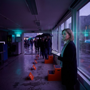 Nordisk kundeserviceleder i dispatch‑rum ved regnfuldt vindue, indigo/cyan stemning, synlig kundekø markering på gulvet, reportagevinkel, ingen læsbar tekst.