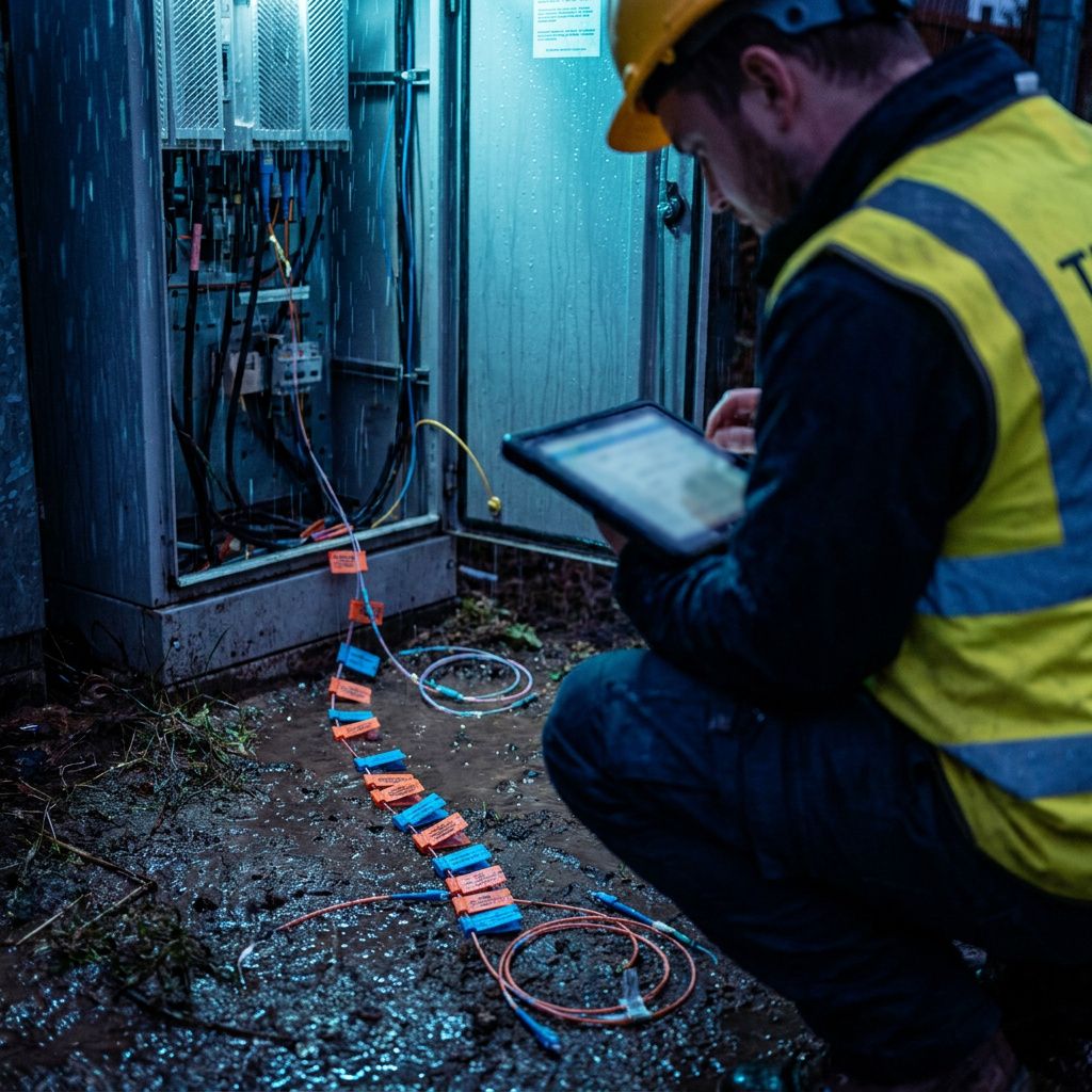Serviceoperatør ved en telefonbås taler i headset, en klar kømarkør ses i baggrunden; indigo/cyan lys, naturligt lys fra vindue, ingen tekst.