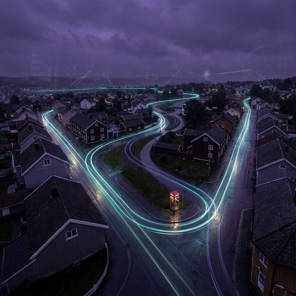 Fugleperspektiv over en lille bykvarter ved nat med udvalgte ruter svagt oplyst i cyan, indigo nattehimmel, signalspor som abstrakt routing metaphor, ingen tekst.
