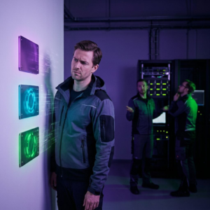 Nordisk operationsleder i et testlokale ser mod slørede jobskærme og farvede magnetkort, purpur/indigo lys og cyan signalpulser viser beslutsmomentet omkring instansprioritering.