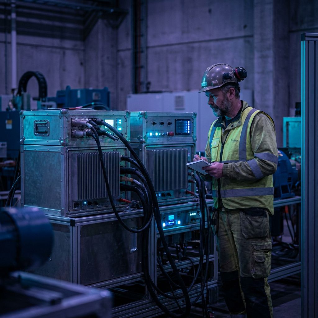 En tekniker i refleksvest ved en lille forskningsinstallation, holder en notesbog tæt ind til kroppen mens en maskine i baggrunden udfører en datapreprocessings-opgave; cyan/indigo lys, intet læsbart tekst.