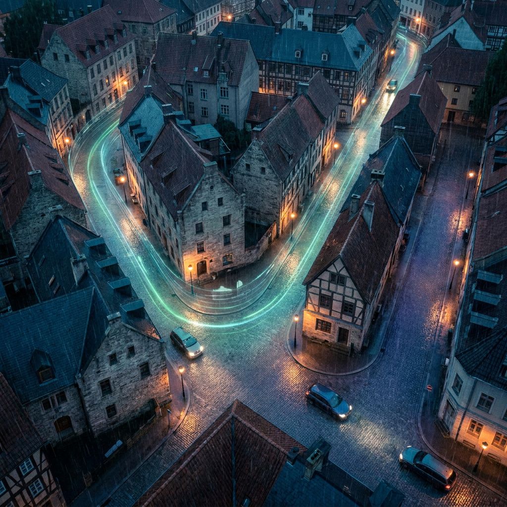 Et fugleperspektiv over en lille nordisk byblok om natten hvor nogle gader er svagt oplyst i cyan og grøn som ruter, andre i indigo, symboliserer routing og fallback i jobstart; subtile pulserende overlays, ingen tekst.