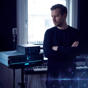 Nordisk musikproducer i et kompakt studie står foran et rack med indigo/cyan accentlys; et strejf af fotografisk data‑pulse antyder delt, vedvarende storage og en beslutning om drift versus omkostning.