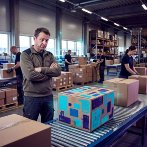 Nordisk lagerkasse på pakkestribe med cyan/indigo signalstriber og pulserende data-accents, operationsleder i blød baggrund.