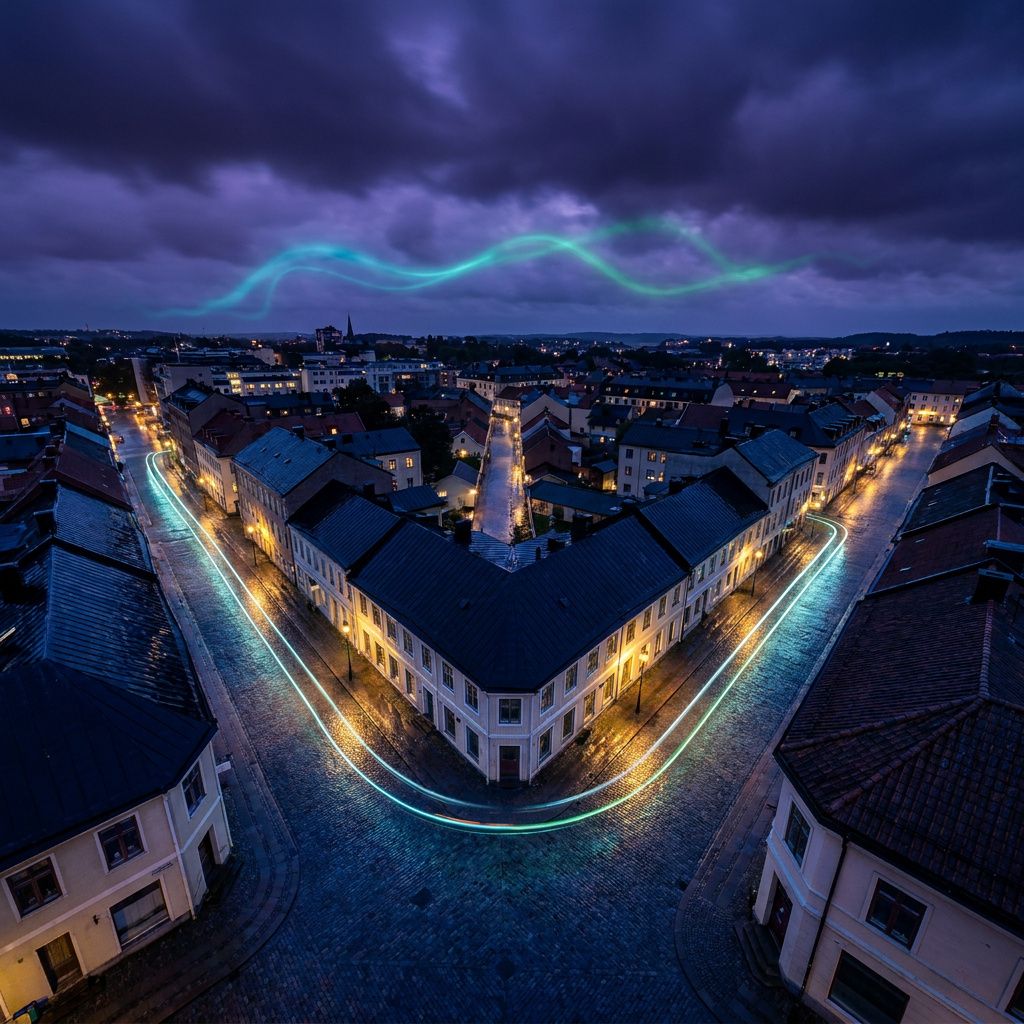 Fugleperspektiv over en lille nordisk byblok i skumring med cyan/grønne leveringsruter.