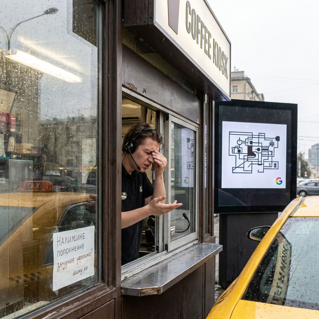 En tekniker i refleksvest tester et lille felttest‑rig for stemmeagenten ved en offentlig informationsstand; udstyret er tydeligt i brug men uden læsbar tekst.