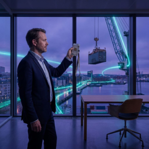 Nordisk beslutningsøjeblik: en leder ser ud over en kaj om aftenen, cyan/grønne reflekser som symboler på aktive integrationsruter, indigo skygger og subtil data‑pulsering i luften.