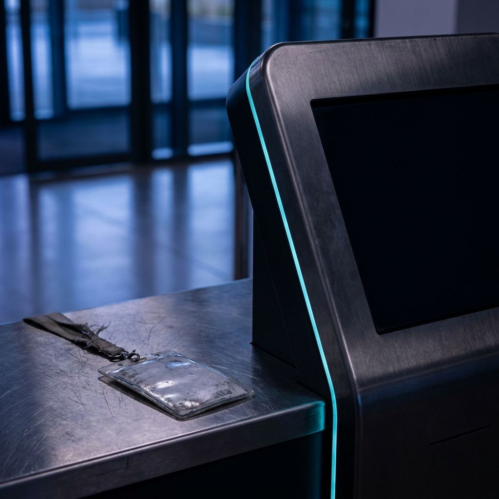 Nærbillede af en slidt adgangsbadge og en slukket terminalkiosk ved en kundeserviceindgang, indigo/cyan lys, ridset metaloverflade.