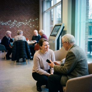 Ældre borger får praktisk hjælp med telefon i et nordisk bibliotek, med blød eftermiddagsbelysning og diskrete cyan/grønne lysreflekser.