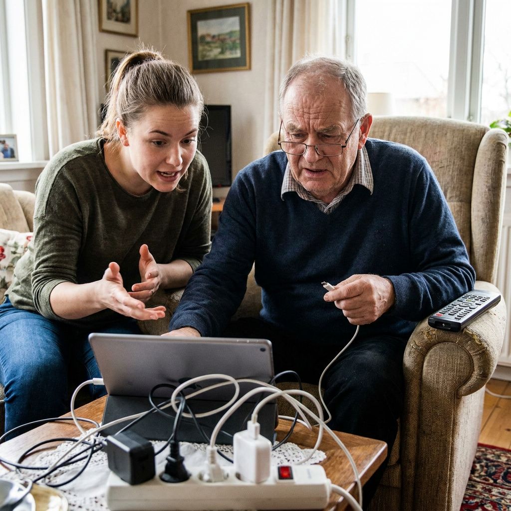 Læringscirkel i borgerhus, seniorer følger med i praktisk øvelse, varmt lys og subtile cyan/grønne accenter.