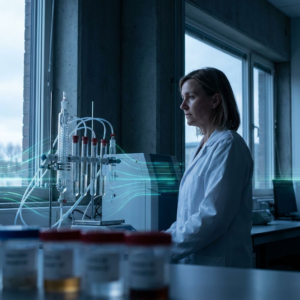 Nordisk beslutningsøjeblik i et testlaboratorium: leder overvejer automatiseret reproduktion af forskningsmetoder — indigo skygger og cyan signalpulser