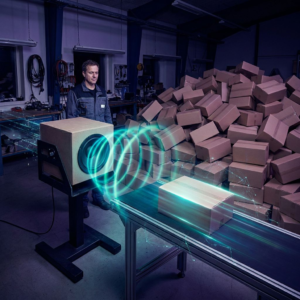 Nordisk udviklingsværksted: produktchef kigger på en wearable‑prototype der udsender synlige lydbølger, indigo/ cyan farvetone, kø af lukkede kasser i baggrunden.