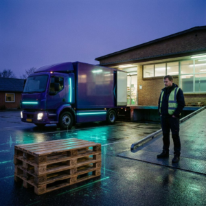 Cab‑less el‑lastbil ved Lidl‑butikens ladested ved skumring, en logistikmedarbejder i refleksvest i baggrunden, nordisk indstemt farvesætning i indigo og cyan