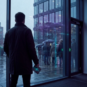 Recruitment teamleder står ved en dør og kigger mod en kø af ansøgere i regnvejr, med dyb lilla skygge og cyan signalstribe over glasfladen.