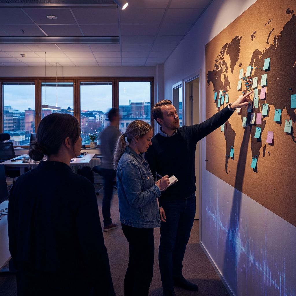 Support‑center på et operationsgulv: en medarbejder vejleder to kolleger ved en fysisk tavle med sager (ingen skærme synlige), tydelig travlhed.