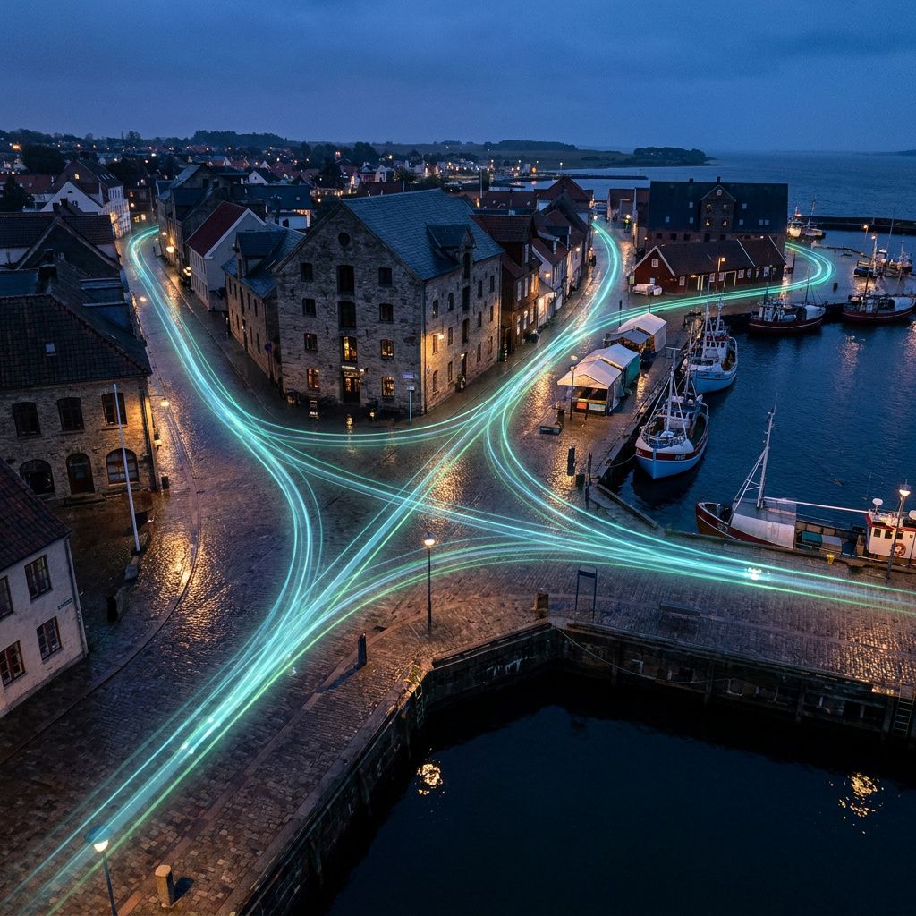 Et bykort over en havneby med markerede ruter i cyan og grøn, der symboliserer flow og routing, uden tekst eller paneler.