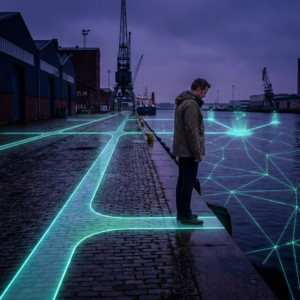 Nordisk kaj ved skumring med cyan/grønne ruter lagt ind over vandet; en virksomhedsejer ser på ruterne. Indigo/cyan farvetone, pulserende signaloverlay uden tekst.