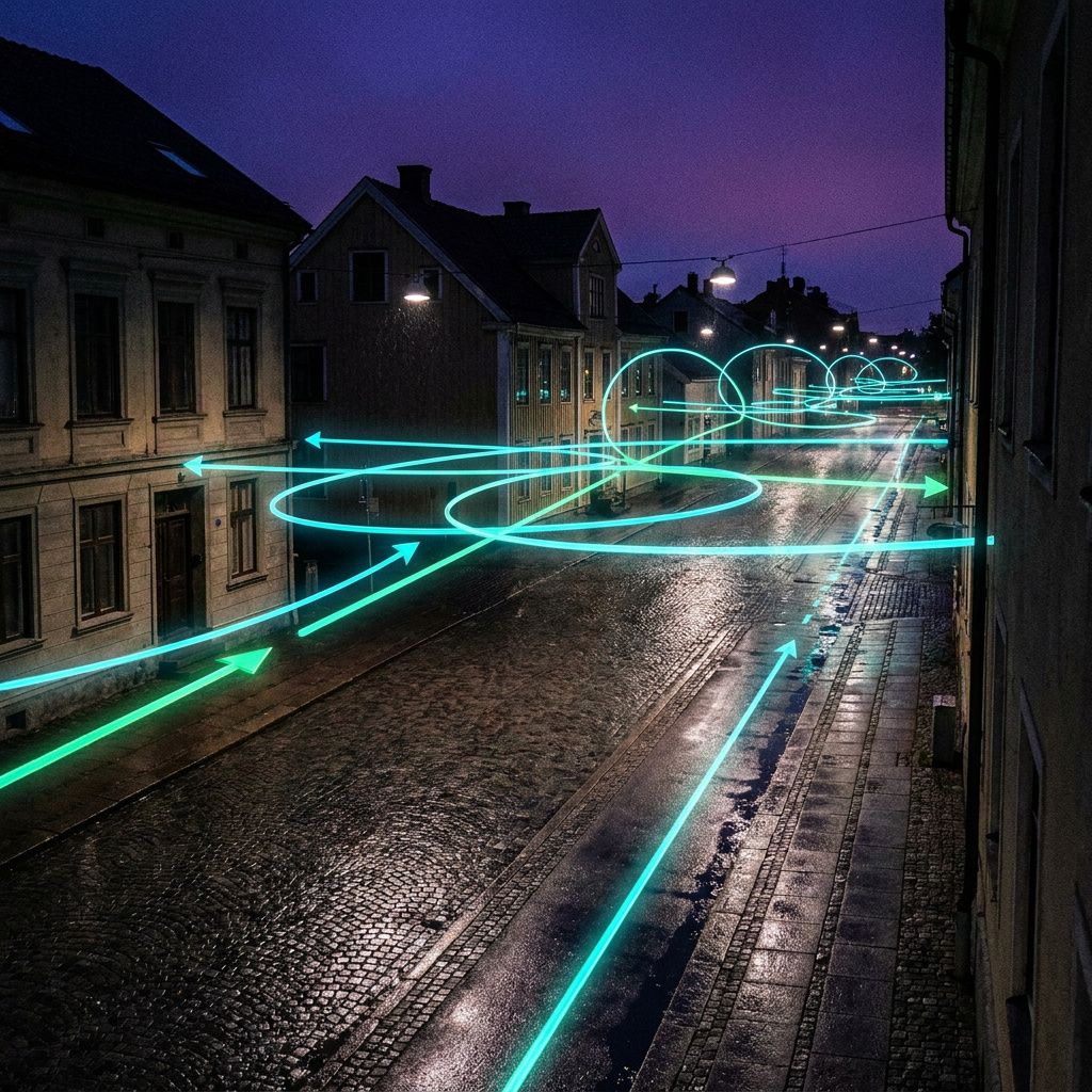 Metaforisk bykort: et natligt, let regnvådt snit af en lille nordisk bygade under en skyggefuld himmel, hvor cykelstier og fodgængerruter er fremhævet i cyan/green streger som flow‑ruter, indigo stemning, viser routing og kontrol uden teknisk GUI.