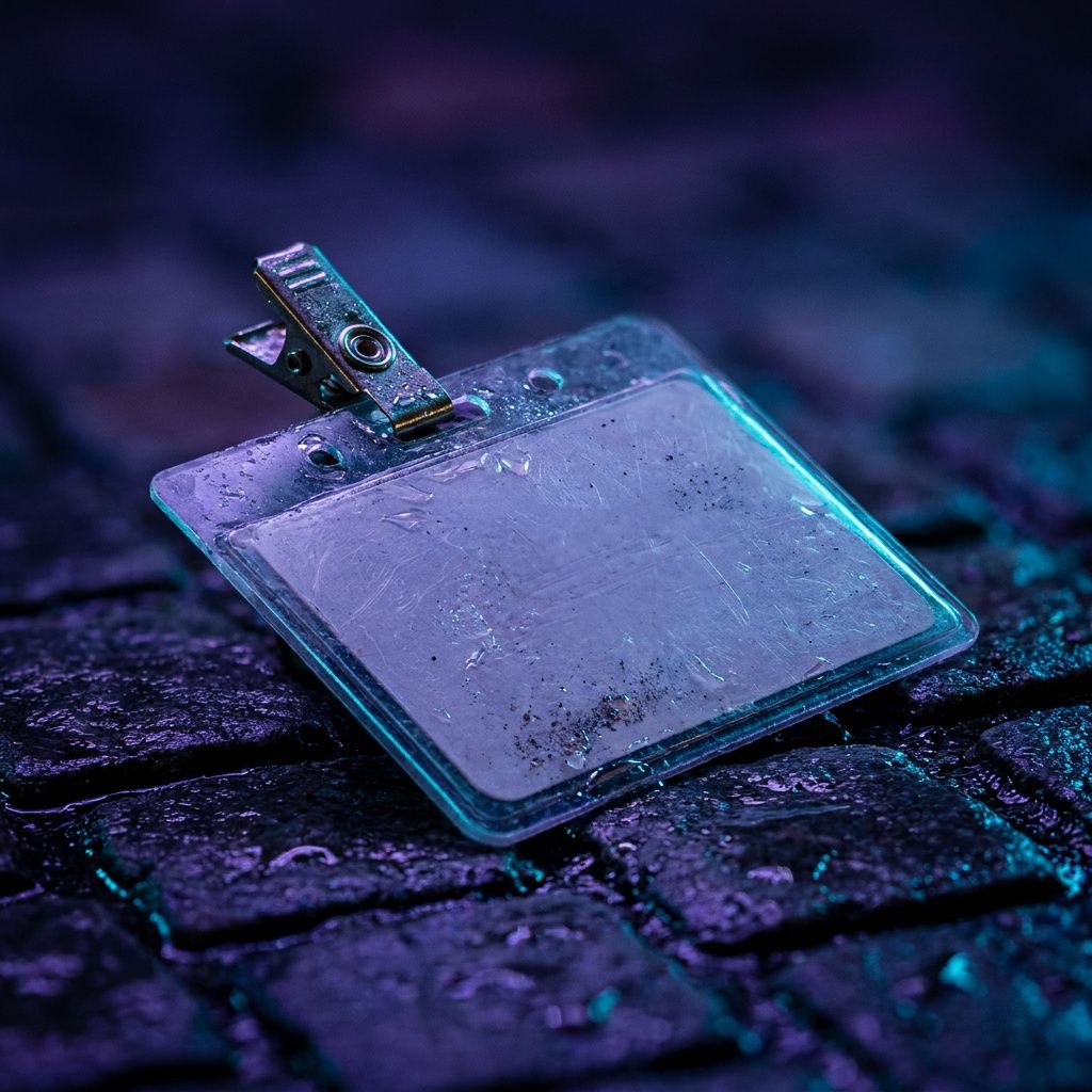 Nærbillede af en slidt adgangsbadge på regnvåde brosten, cyan reflekser, indigo skygge, symboliserer adgang, audit og slitage.