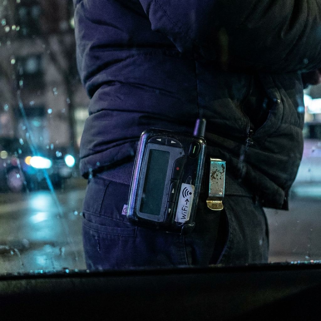 Tæt crop af en slidte pager på et arbejdsskjorteærme, indigo spejling og cyan pulser i refleksionen.