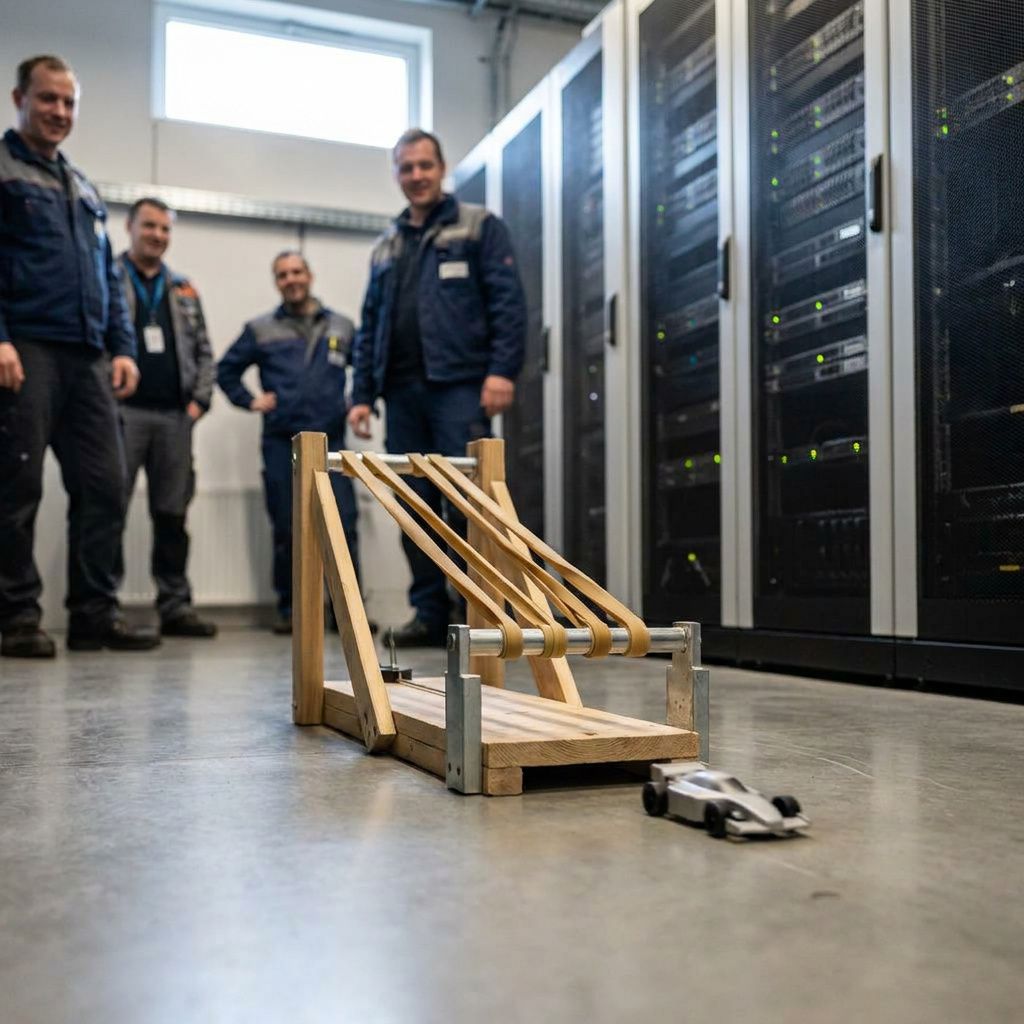 Et lille test‑setup i et researchlokale: en tekniker noterer tal på papir mens et måleinstrument viser bølger, indigo skygger og cyan accenter.