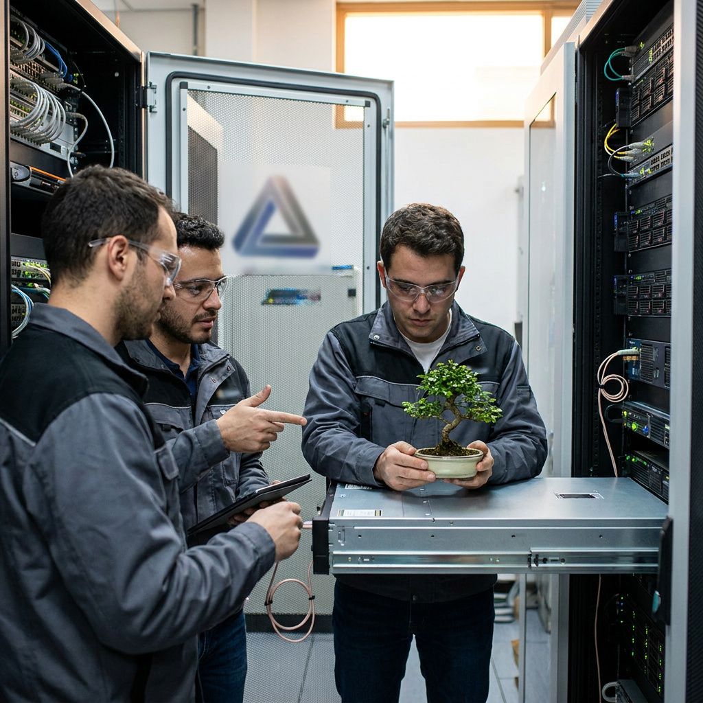En tekniker ved et lille testbord med et åbent anonymt test‑rig og måleinstrumenter, i baggrunden en blågrå væg og et vindue; ingen læselig tekst.