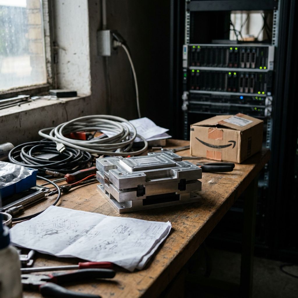 Et test‑setup i et lille forskningslokale: en tekniker justerer et anonymt måle‑rack, kamera i 35 mm, indigo lys, ingen synlige skærme eller tekst.