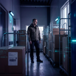Nordisk beslutningsscene: en operationsleder foran en synlig leveringskø i indigo lys, cyan signalreflekser og subtil data‑pulse overlay — viser konsekvensen af forkerte AI‑modelvalg uden læsbar tekst.