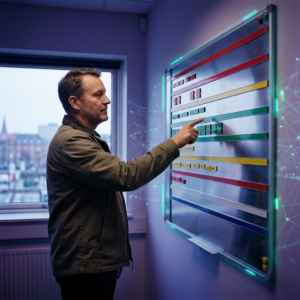 Nordisk driftsscene: en teknisk leder overvejer prioriteringer ved en farvekodet køliste i et lille driftkontor, indigo skygger og cyan datapulser.
