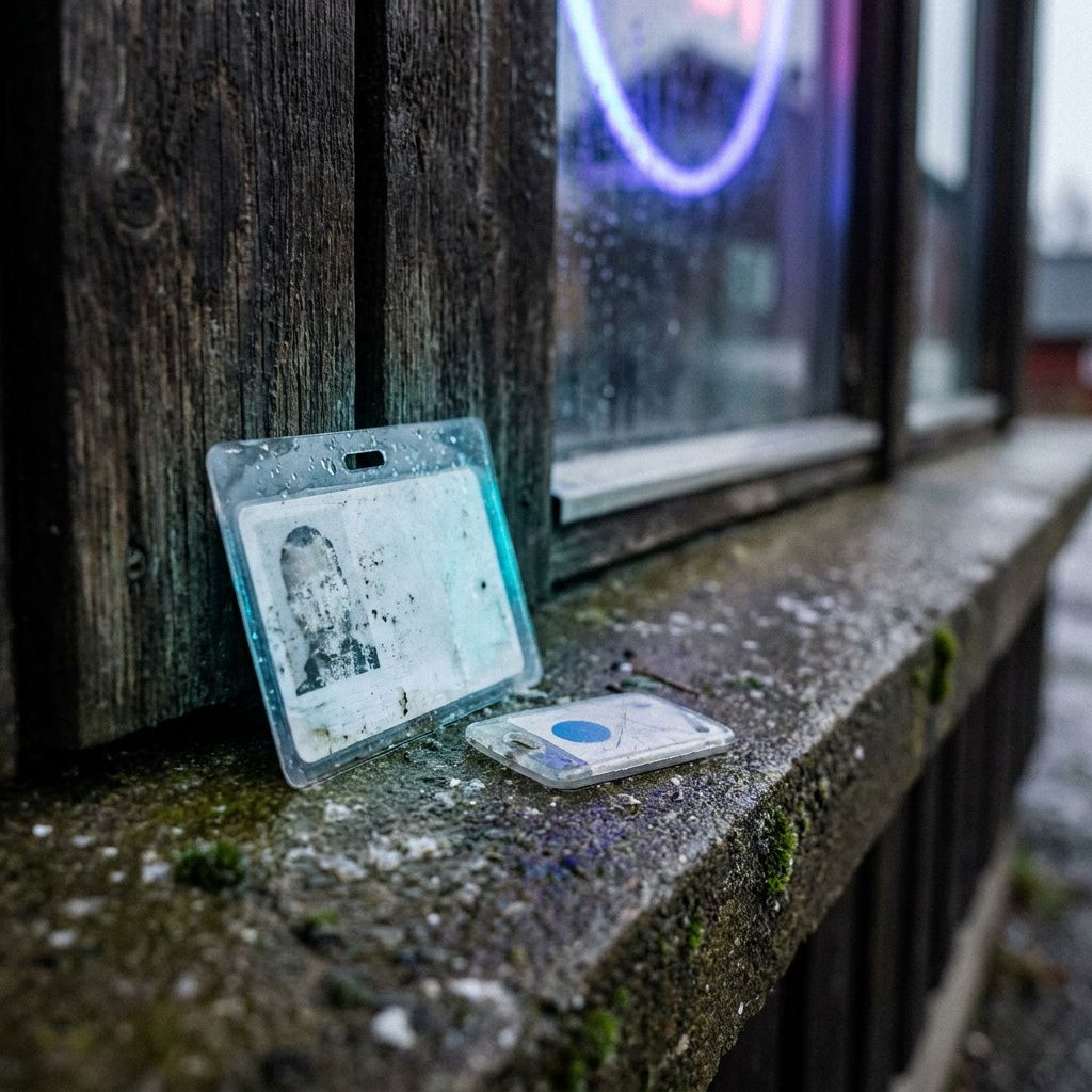 Nærbillede af en teknikers slidte ID-kort og et lille plastmærke med et inkorporeret farvet punkt, ridser og regndråber synlige; antyder ejerskab og adgangskontrol til memory-lag.