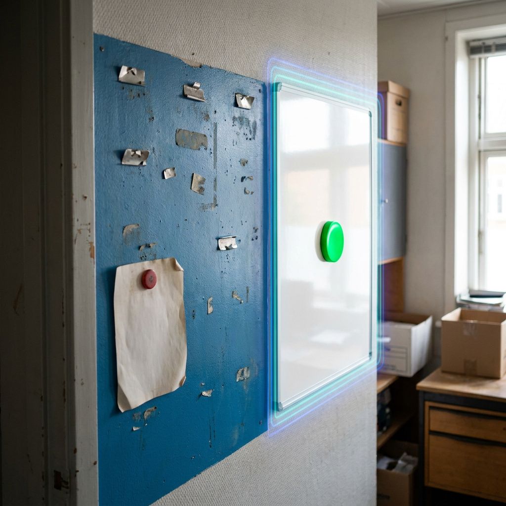 Et lille kontorindgangsparti med to dørskilte i form af farvede magneter — en side med håndskrevet‑lignende post‑it er slukket (usynlig tekst), den anden side har en grøn magnet; billedet viser kontrast mellem manuel og automatiseret flow