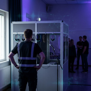 Nordisk konferencefoyer med række af oversætter‑headsets i indigo lys, beslutningstager i silhuet, cyan signalaccents og subtil data‑pulse overlay