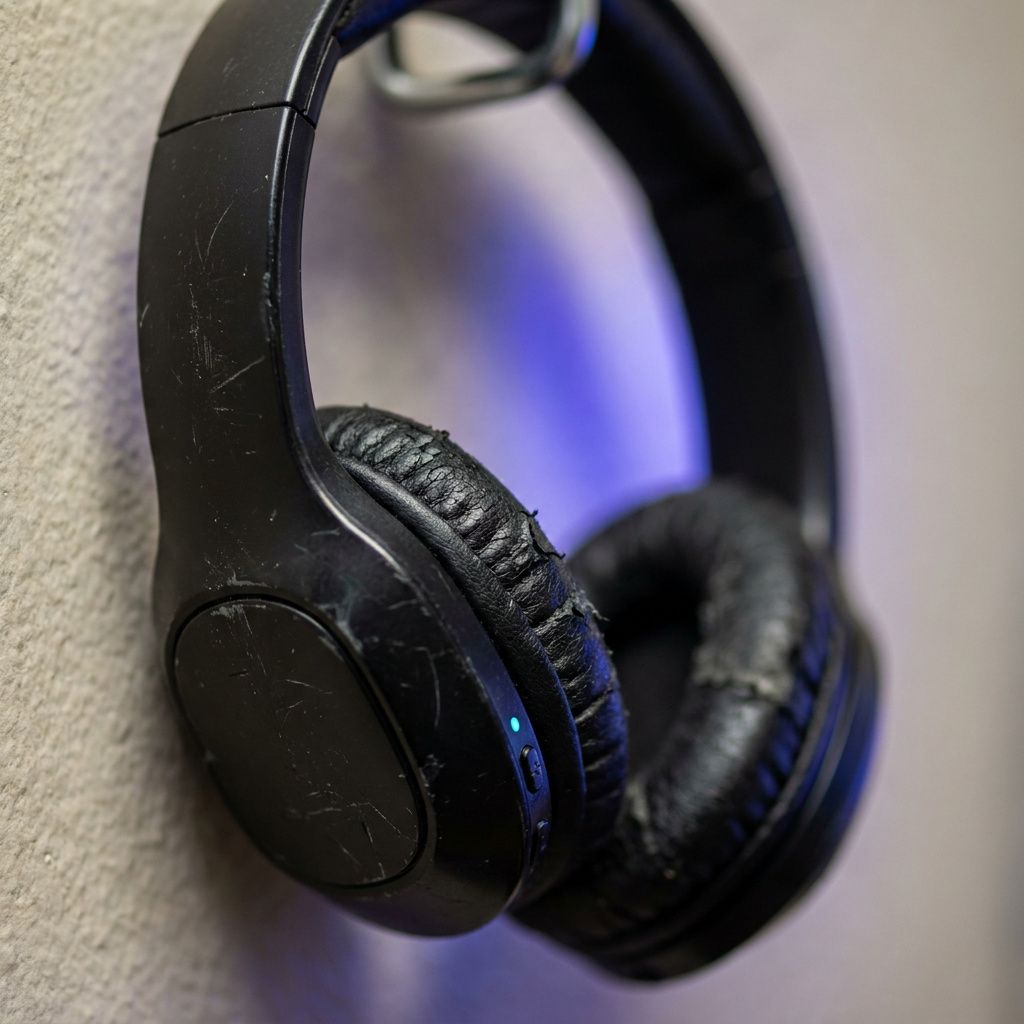 Nærbillede af et brugt oversætter‑headset hængende på en krog med cyan accentlys