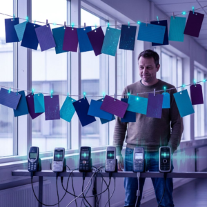 Nordisk‑tonet beslutningsscene: en teknisk leder overvejer mobil‑ og web‑builds, indigo lys og cyan signalaccents, halvnært foto.
