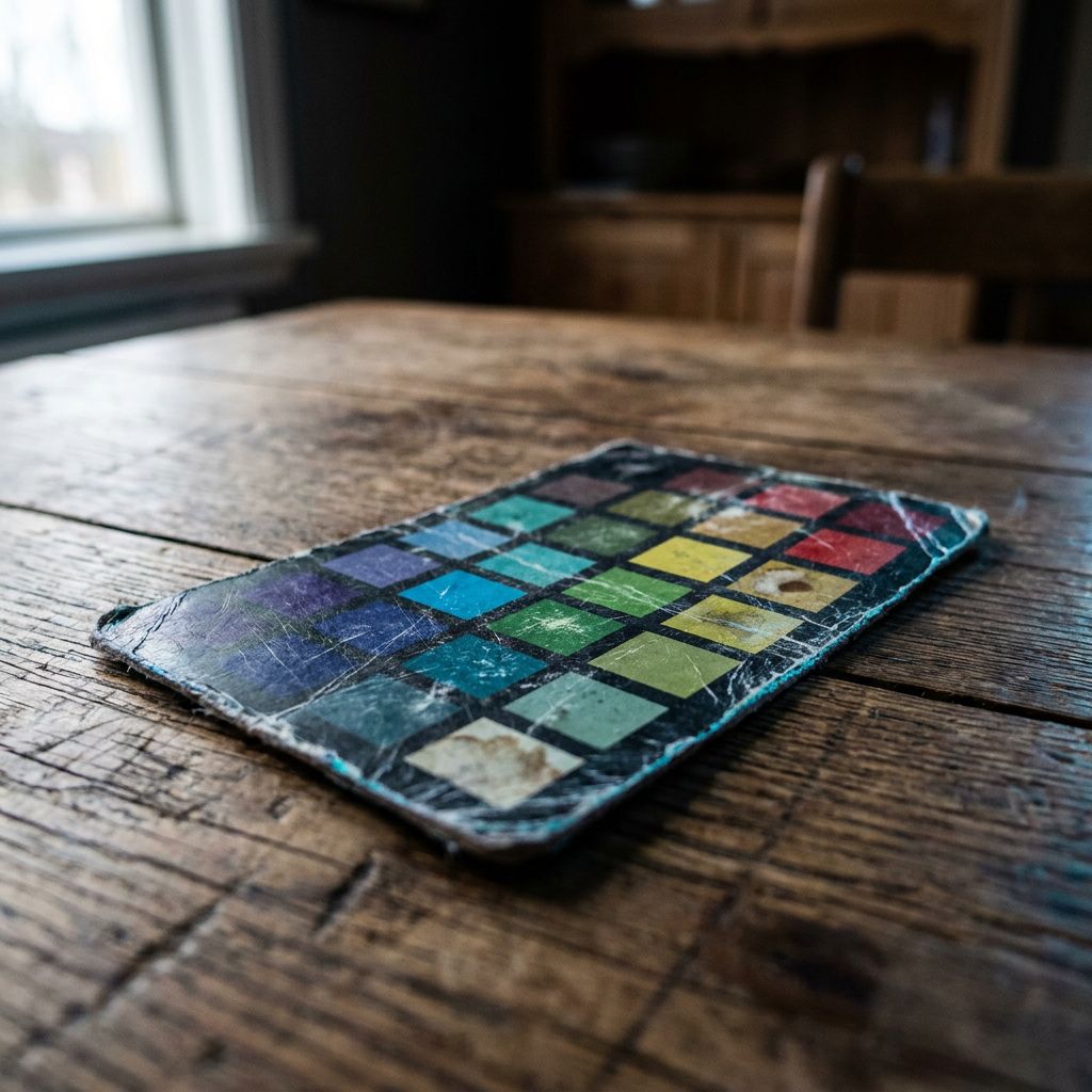 Makrofoto af et fysisk testkort eller badge‑lignende kort med slidte kanter, ingen læsbar tekst, cyan/indigo lys, symboliserer platform‑matrix