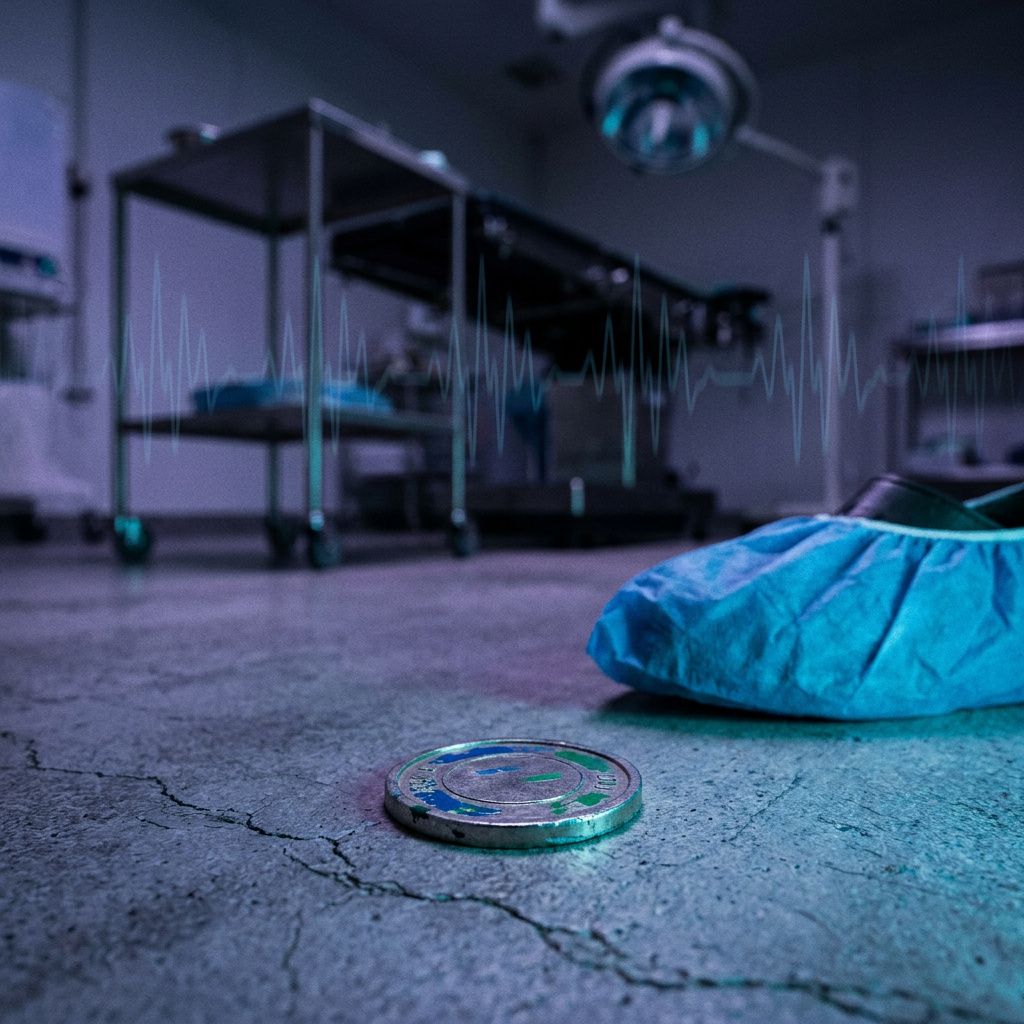 Makrofoto af en slidt, farvekodet test‑token (plastkort størrelse), kantet og med ridser, lagt på råt betongulv i et nordisk testlokale; dyb indigo skygge fra venstre og et svagt cyan lysglimt i kanten, ingen tekst synlig.