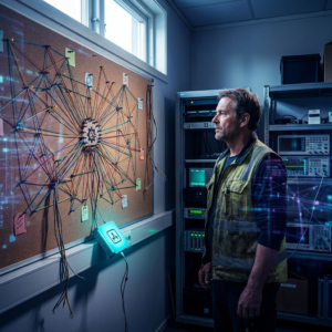Nordisk operationsscene: en SMV-teknisk leder vurderer migrationsruter på et fysisk systems-kort, indigo/cyan tone, pulserende data-accents