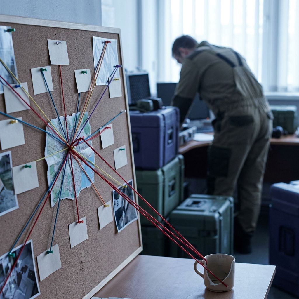 Et forenklet fysisk kartsystem med farvede snore og pins der viser migrationsruter i en lille operationshal, nordisk lys, indigo/cyan grading