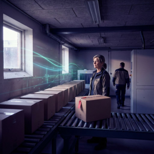 Nordisk operationsscenarie: en leder foran en produktionskø med subtile cyan/indigo lysstriber over linjen, symboliserer valg mellem enkel AI‑model og komplekse agentflows.