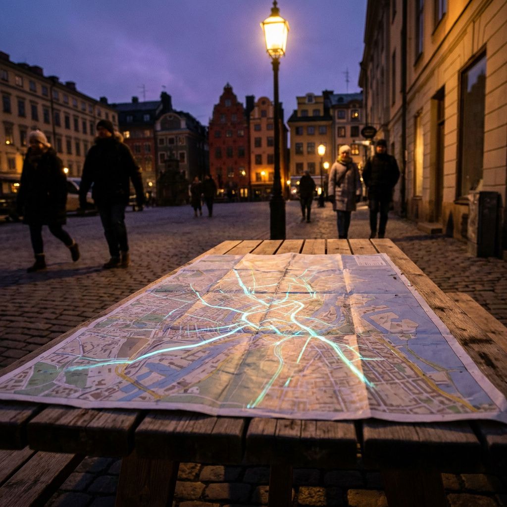 Editorial metafor: et bykort over en lille dansk by med synlige ruter i cyan og grøn, nogle ruter markeret som 'parallel' og andre som 'single' via punktstørrelse (ingen tekst).