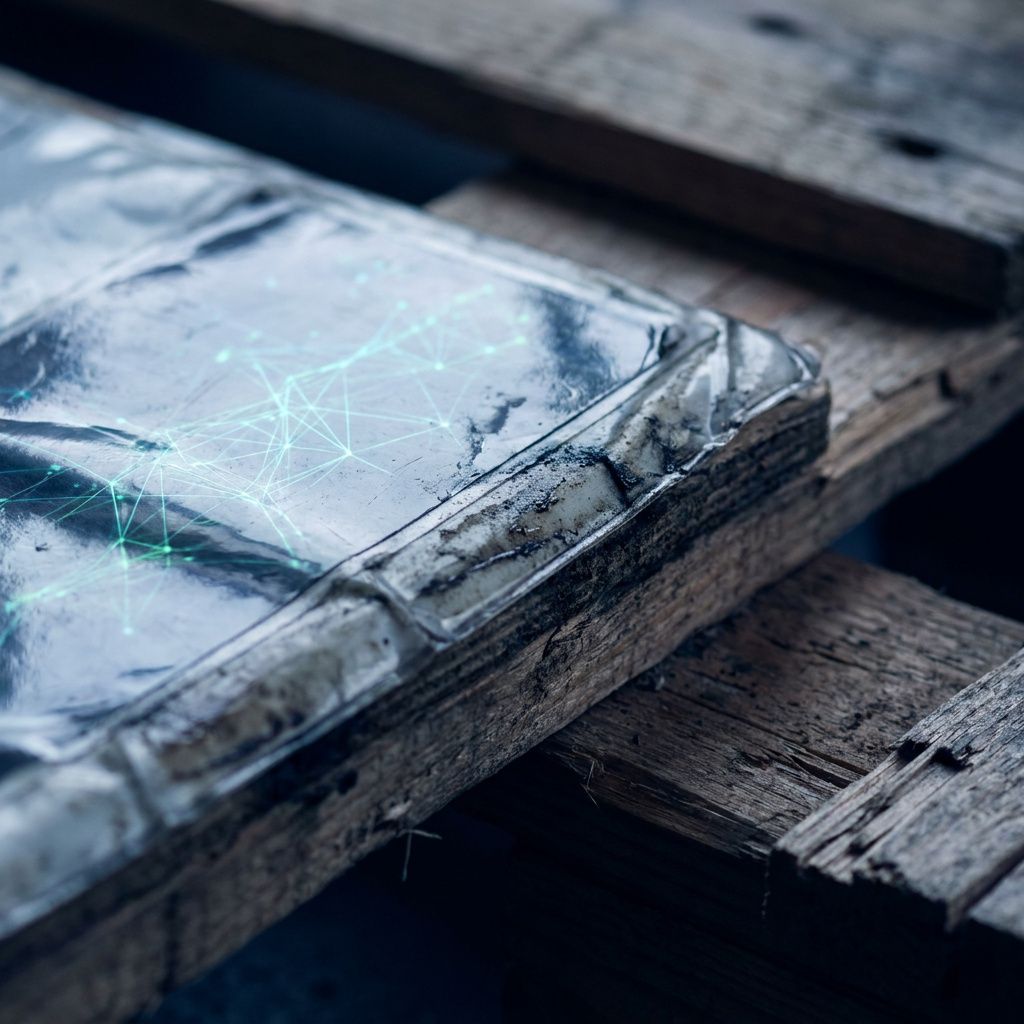 Makro af en industrietiket på en pakke med subtile cyan/indigo refleksioner og slitage, symboliserer kost/ventetid ved forskellige agent-mønstre.