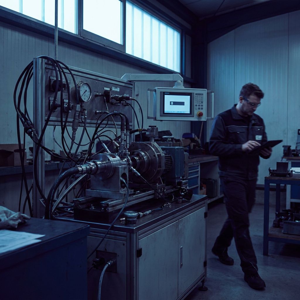 En tekniker i arbejde ved en maskine, ikke ved et skrivebord; scene viser pause i linjen og synlig kø af produkter, symboliserer latency og kost-tradeoffs.